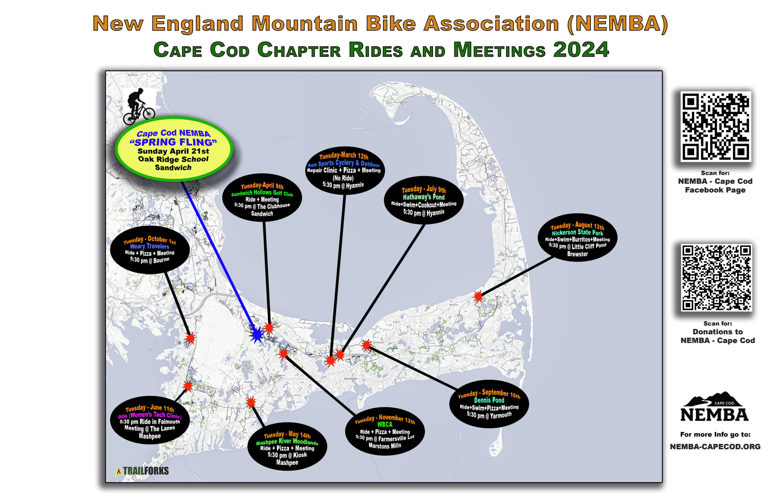 Map showing locations of Cape Cod NEMBA 2024 rides and meetings