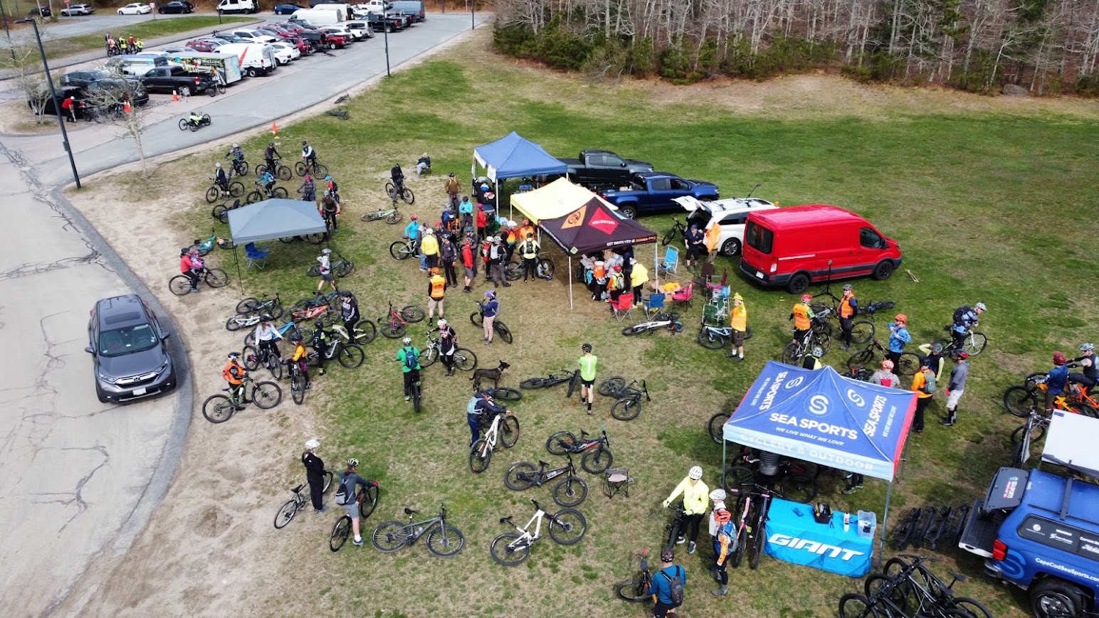 overhead view of Spring Fling tents and mountain bikes