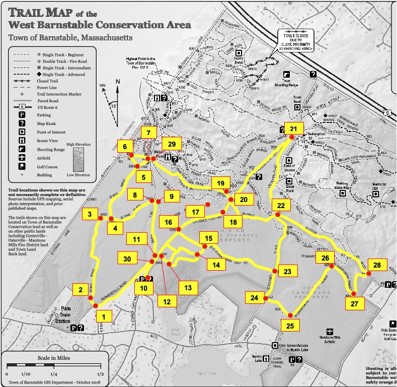 Map of sign locations for Adaptive Mountain Biking at West Barnstable Conservation Area